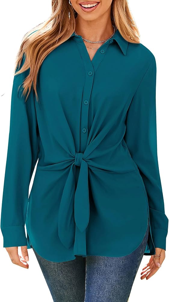 GRACE KARIN Women's Button Down Shirts 2024 Long Sleeve Belted Slit Dress Shirt Casual Work Office Blouse Tops