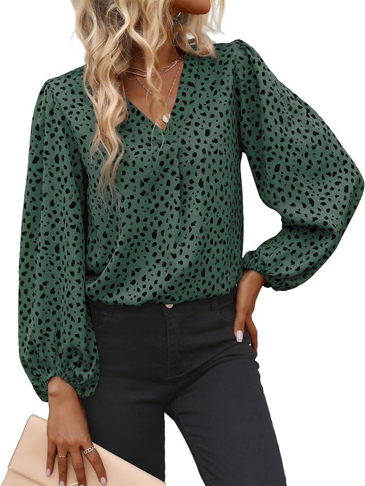 Women Leopard Print Blouses V Neck Long Sleeve Chiffon Tops Loose Fit Business Shirts Casual Work Tunic