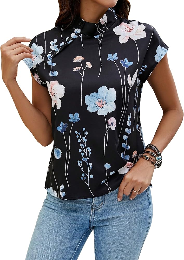 SOLY HUX Women's Floral Print Button Mock Neck Short Sleeve Blouse Top