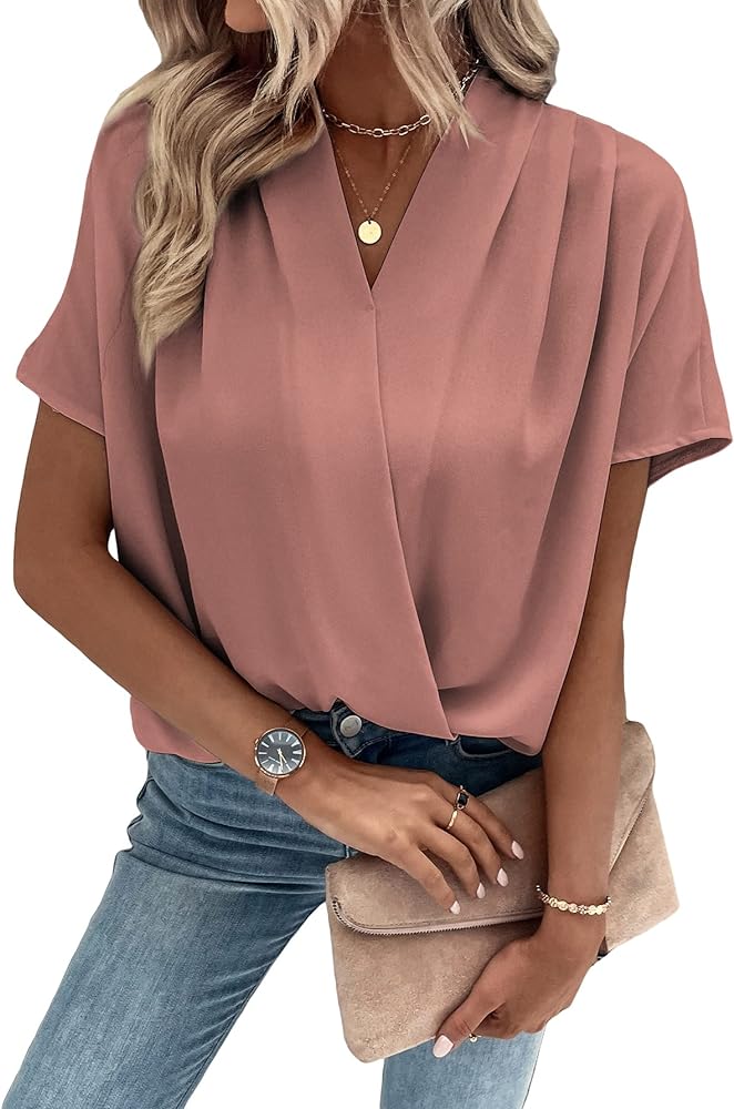 Verdusa Women's V Neck Dolman Sleeve Ruched Wrap Blouse Shirt Draped Top