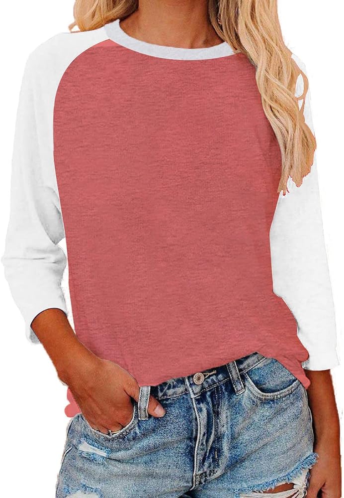 Baseball Shirts Women's Casual T-Shirts 3/4 Sleeve Color Block Cute Tops Comfy Blouses