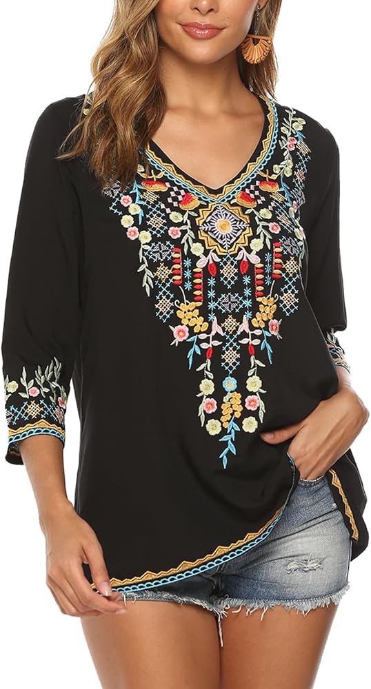 Higustar Mexican Tops for Women Embroidered Shirts Bohemian Hippie Clothes Tunic Fiesta Plus Size Boho Peasant Blouses