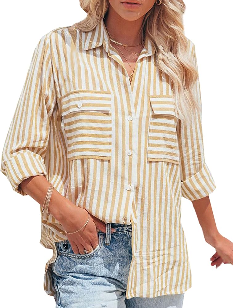 OMSJ Women's Striped Button Down Shirts Casual Long Sleeve Stylish V Neck Blouses Tops with Pockets