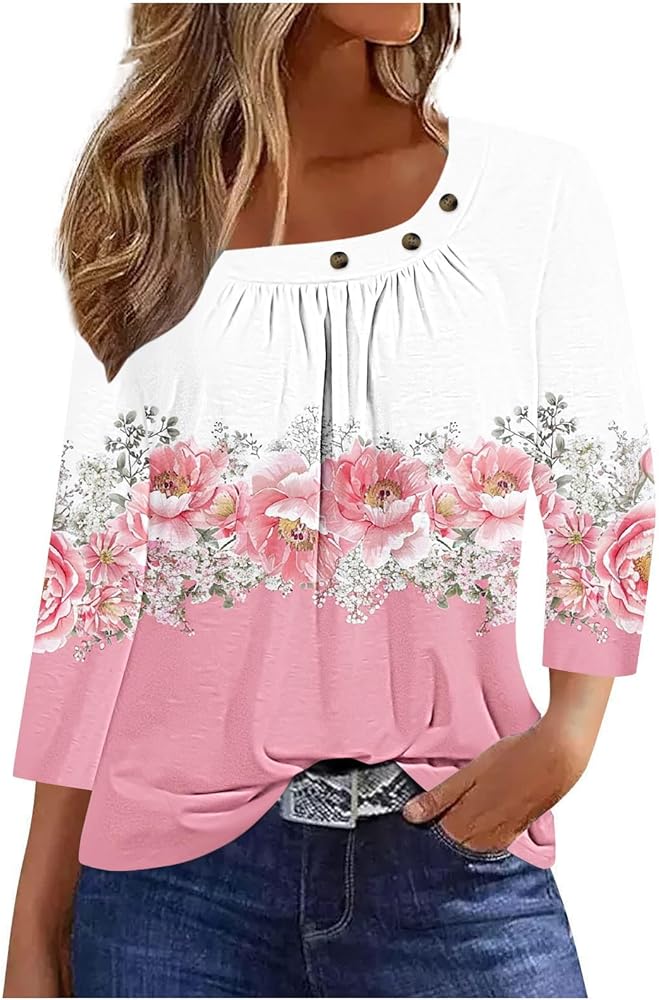 3/4 Length Sleeve Womens Tops Plus Size Dressy Square Neck Ruffled Tee Casual Print Blouses Regular Fit Tunic Tshirt