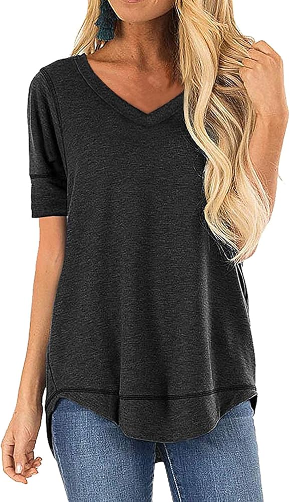 JomeDesign Summer Tops for Women Short Sleeve Shirts V Neck Tshirts Casual Tunic Tops