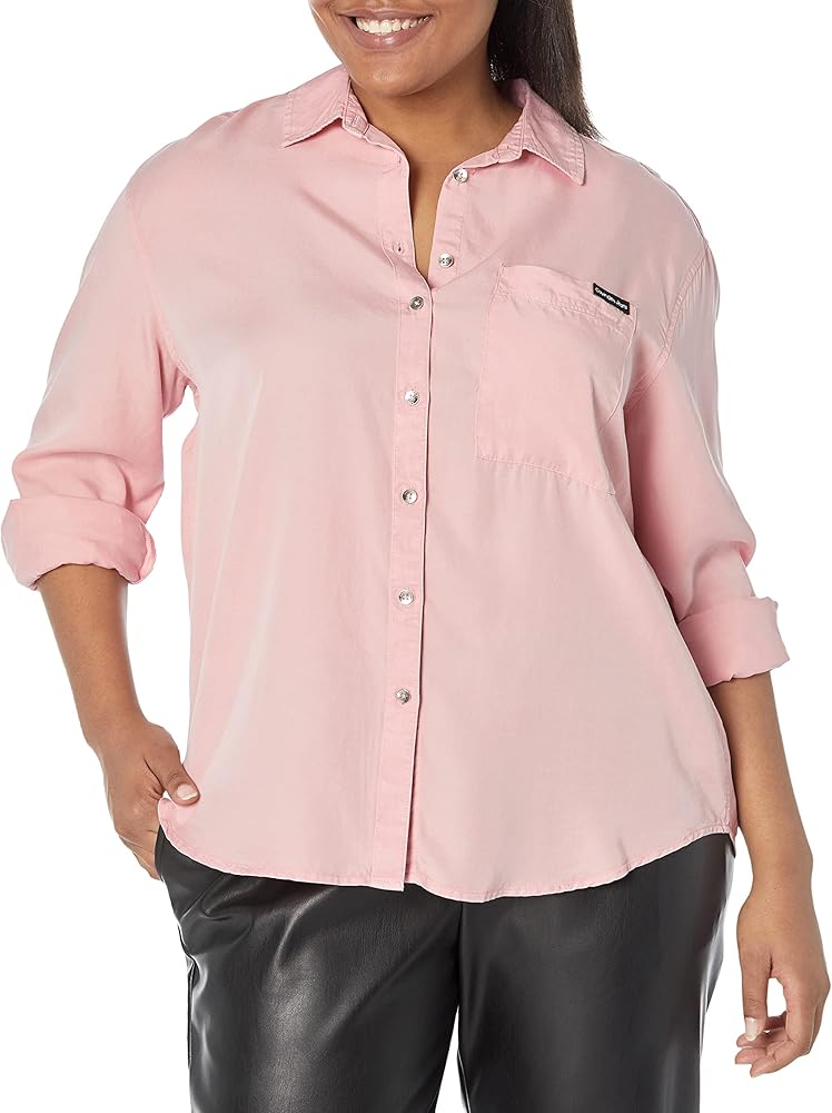 Calvin Klein Women's Split Hem Button Down Shirt with Roll Tab Sleeves