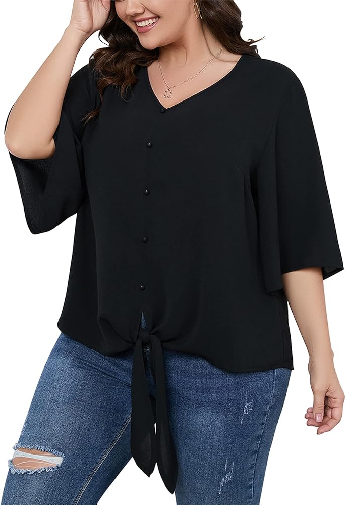 Women's Plus Size Blouses V Neck Tops 3/4 Sleeve Tie Knot Casual False Button Down Shirts XL-5XL