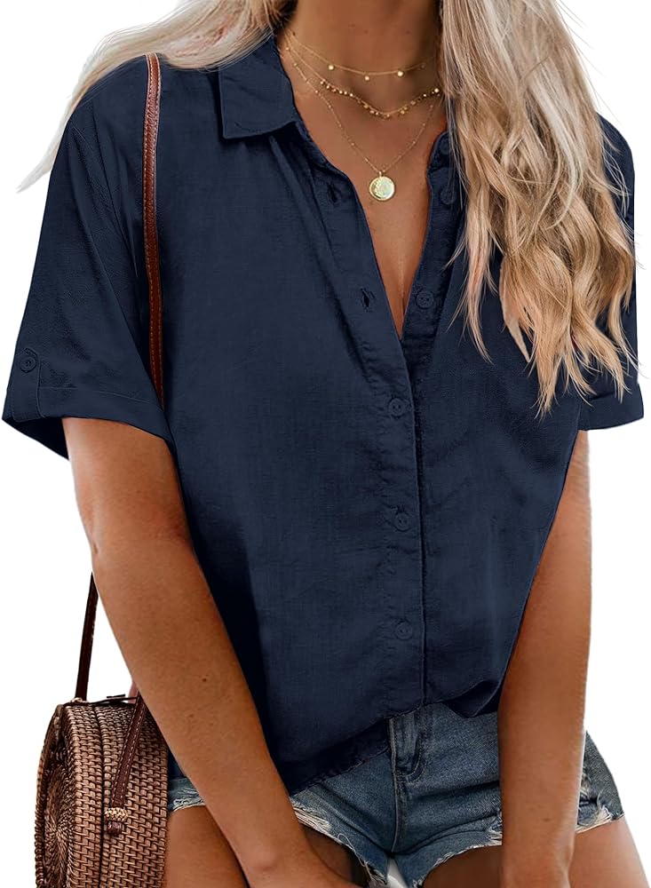 IN'VOLAND Womens Plus Size Linen Button Down Shirts Short Sleeve Cotton Casual Collared Shirt V Neck Summer Blouses Tops