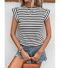 striped tee for women Casual Cap Sleeve Boat Neck Striped Print Slim Fit Tee Shirt