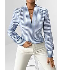 Striped Print V Neck Long Sleeve Office Shirt Blouse Top