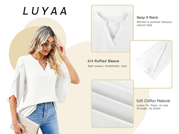 white vneck chiffon blouse for women