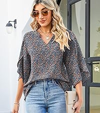 3/4 Sleeve Chiffon Blouses Tops for Women