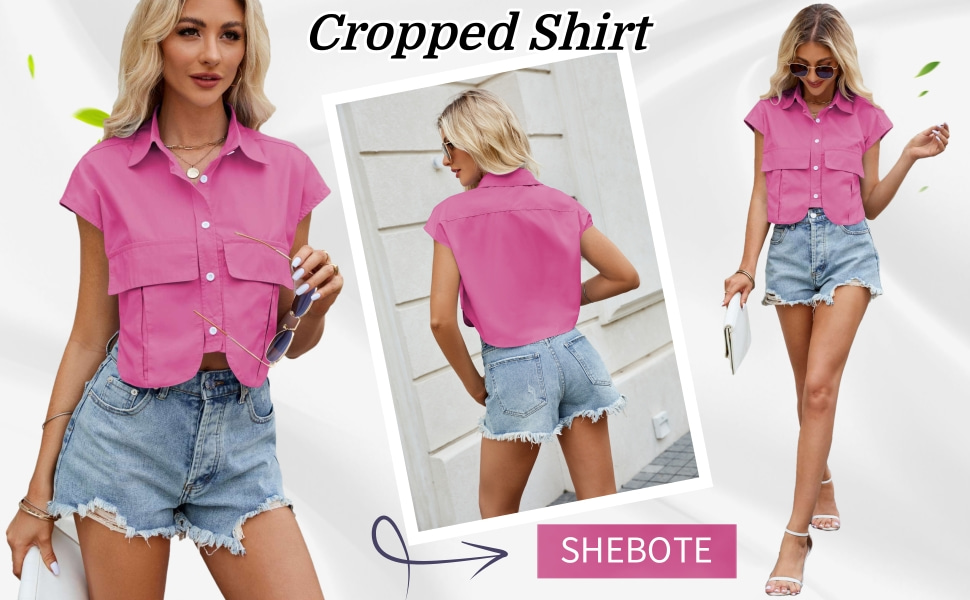 Women''s Collar V Neck Cap Sleeve Button Down Slim Fit Crop Top Shirt Blouse Versatile Suit Vest 