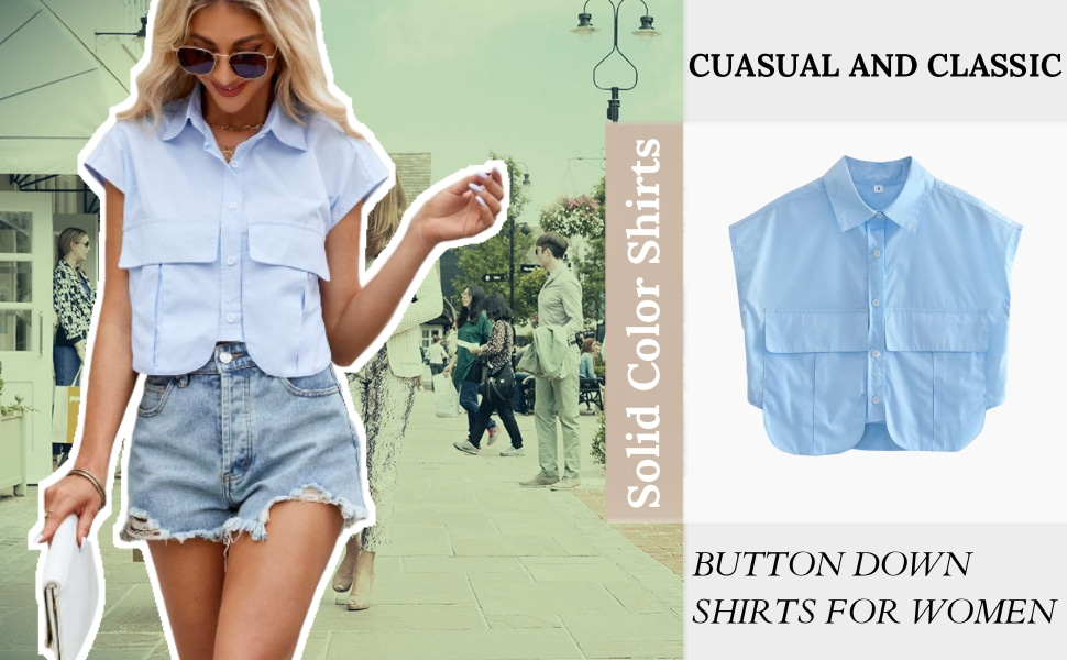 Womens Cropped Button Down Shirts Casual Summer Cap Sleeve Tops Cotton Blouses Versative Vest Top