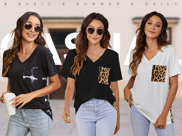 Blooming Jelly Women''s Leopard Print Tops Loose V Neck Shirts Short Sleeve Blouses with Pocket