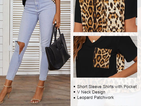 Blooming Jelly Women''s Leopard Print Tops Loose V Neck Shirts Short Sleeve Blouses with Pocket