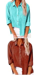 Womens Cotton Linen Button Down Shirt