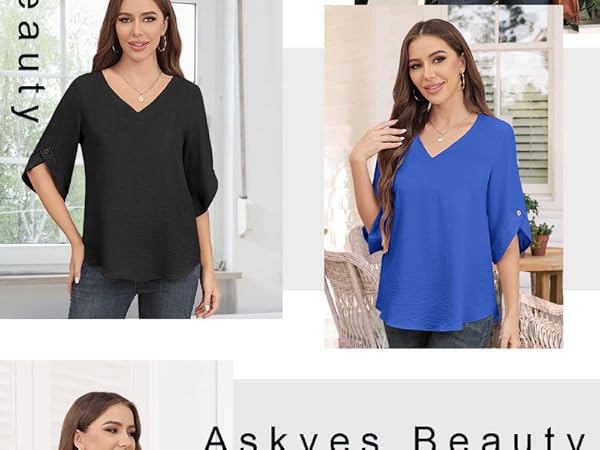 Askyes Womens Blouses Dressy Casual Chiffon Tops Summer 3/4 Sleeve Blouse Shirts