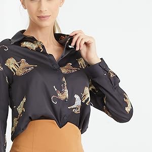 Marpessa Leopard Black Long Sleeve Satin Shirt for Women