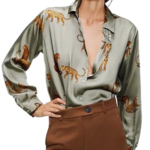 Green Leopard Satin Long Sleeve Shirt for Women