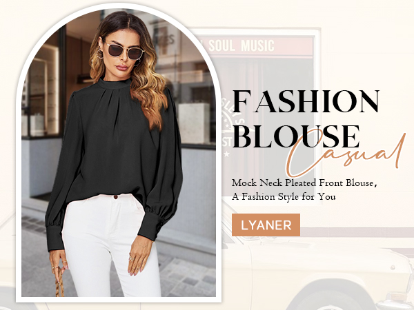 casual mock neck long sleeve pleated front blouse