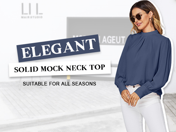 mock neck pleated solid long sleeve blouse shirt top