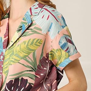  Women''s Hawaiian Floral Leaves Printed Shirt Short Sleeve Button Down Vintage Beach Top Blouse