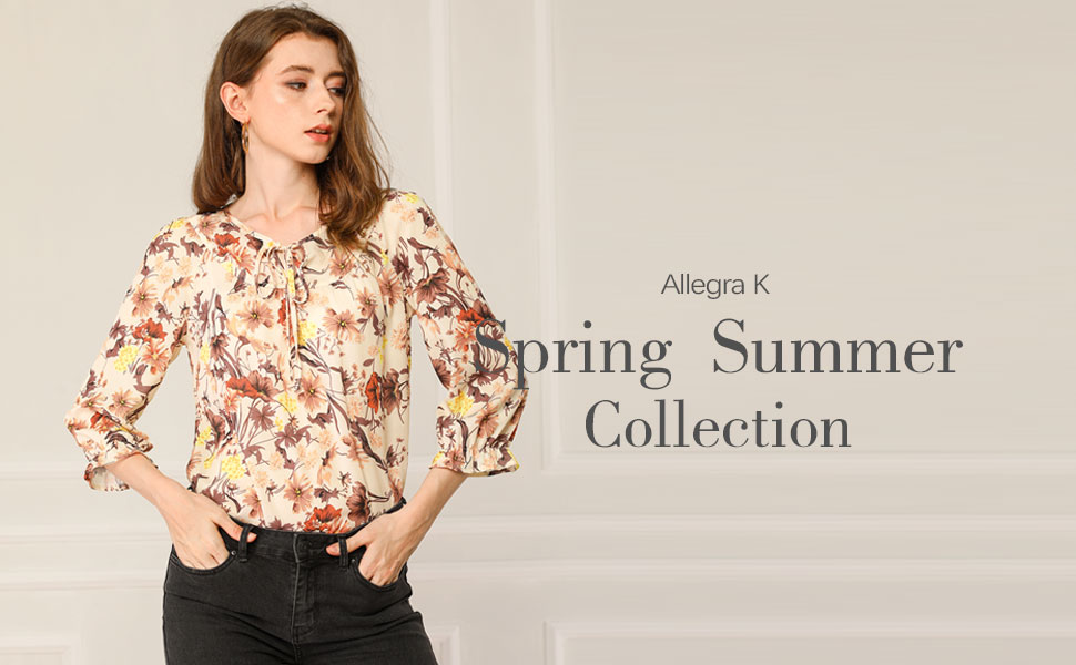 Allegra K Women''s Tie V Neck Casual Boho Ruffled 3/4 Sleeve Floral Blouse Tops