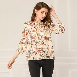 Allegra K Women''s Tie V Neck Casual Boho Ruffled 3/4 Sleeve Floral Blouse Tops