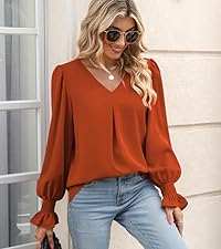 Funlingo Women Tops Dressy Causal Fashion Long Sleeve Chiffon Tunics Spring Loose Fit Work Blouse