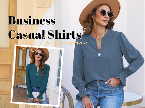 Women Casual Long Sleeve Blouse V Neck Tunic Tops for Leggings Loose Work Offcie Dress Shirt Solid