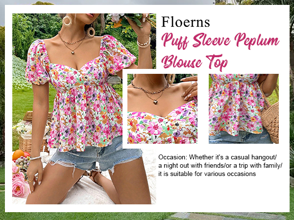 Floerns Women''s Allover Floral Print Sweetheart Neck Puff Sleeve Peplum Blouse Top