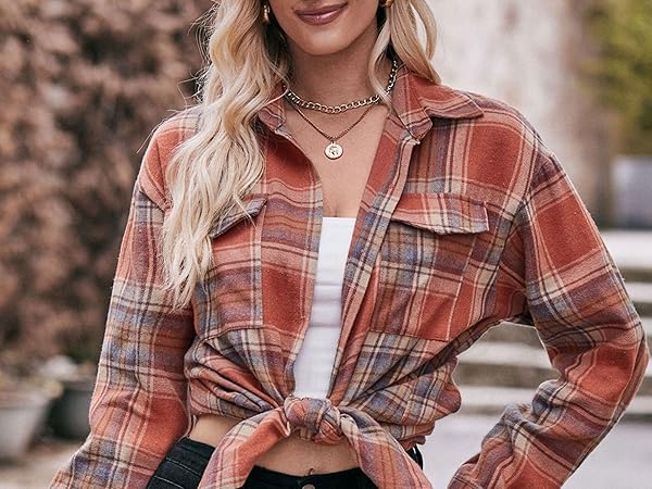 Lightweight Flannel Plaid Button Down Shirts Oversized Long Sleeve Shacket Jacket Tops