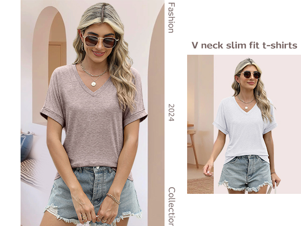 Womens Tshirts V Neck Short Sleeve Roll Sleeve Tops Summer