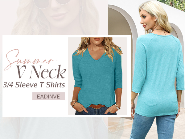 EADINVE Womens V Neck 3/4 Sleeve T Shirts Casual Basic Summer Tees Shirts