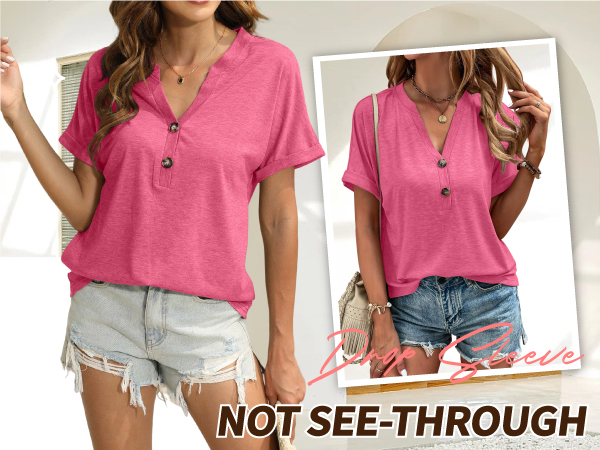 Womens Tshirts V Neck Short Sleeve Buttons Tops Tee Solid Color Blouse Loose Fit