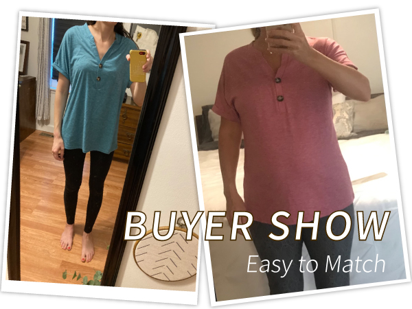 V Neck T Shirt Buttons Tops Long Sleeve Tee Solid Color Blouse Loose Fit Tshirts Fall Tunic