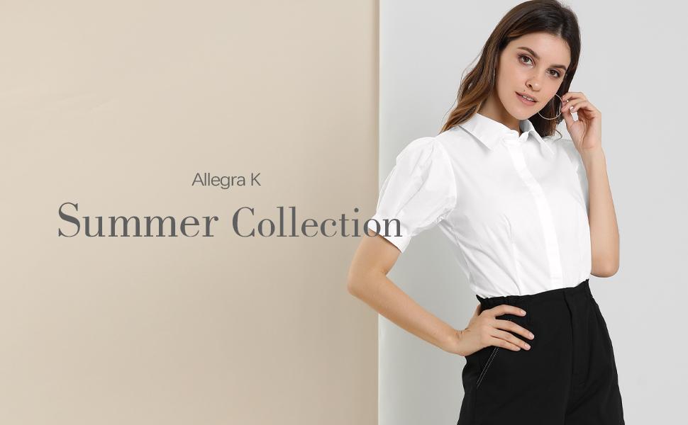 Allegra K Women''s Puff Sleeve Collared Cotton Work Office Button Down Shirt 