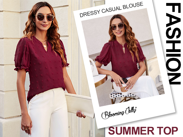 Womens Puff Sleeve Summer Tops Chiffon Short Sleeve Blouses White V Neck Pom Pom Shirts