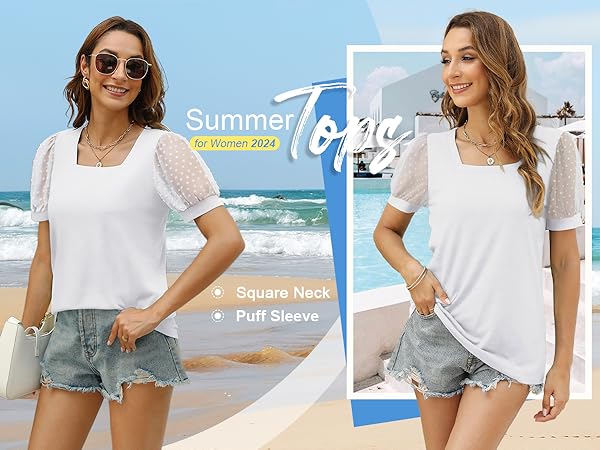 Summer tops for women 2024 trendy, square neck puff short sleeve shirts