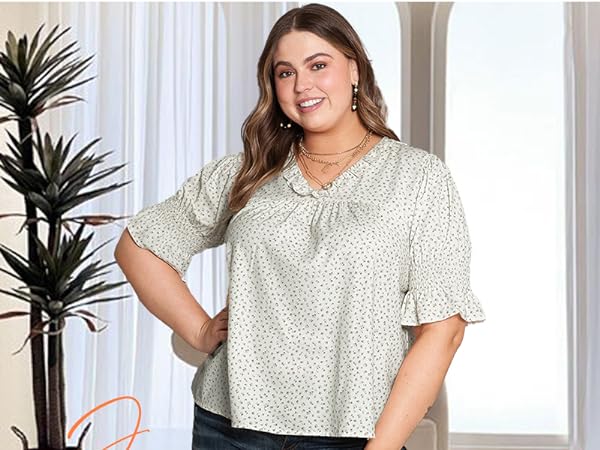 women plus size ruffle sleeve v neck shirts