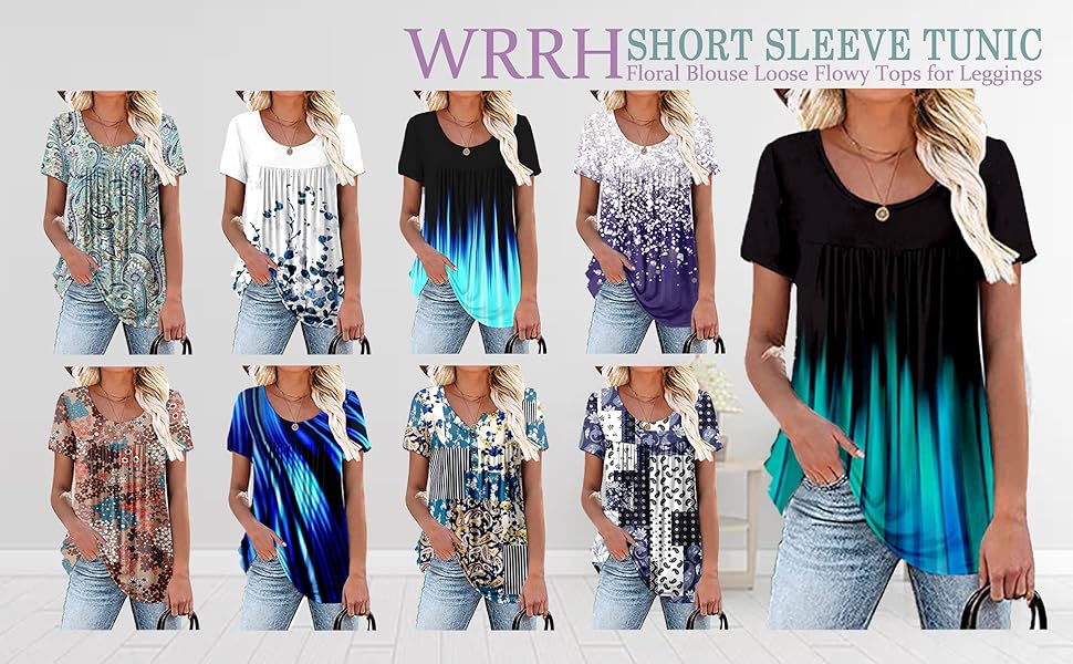 WRRH short sleeve  tunic Floral Blouse Loose Flowy Tops for Leggings