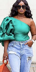 Women&#39;s Green One Shoulder Puff Sleeve Top Spring Summer Blouse