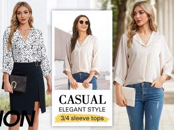 Women''s 3/4 Sleeve Work Shirts Loose Business Casual Tops Blouses V Neck Fall Tunic Tops 