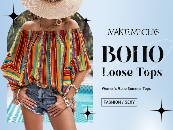 Boho Striped Print Off Shoulder Half Bell Sleeve Blouse Shirts Summer Tops