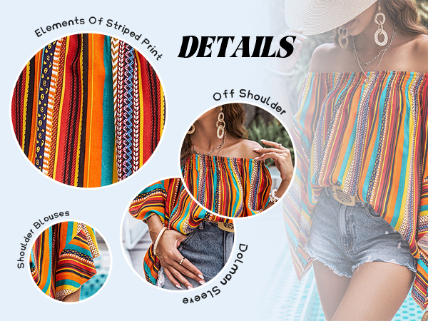 Boho Striped Print Off Shoulder Half Bell Sleeve Blouse Shirts Summer Tops