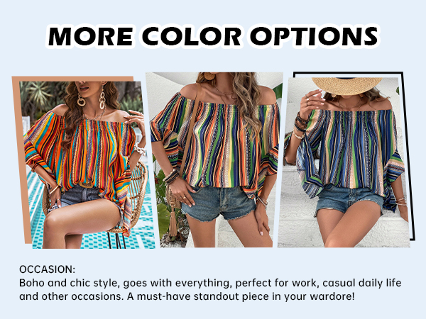 Boho Striped Print Off Shoulder Half Bell Sleeve Blouse Shirts Summer Tops