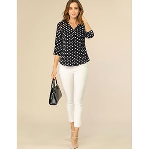 Allegra K Women''s Polka Dots 3/4 Sleeve Casual Button Front Blouse Top