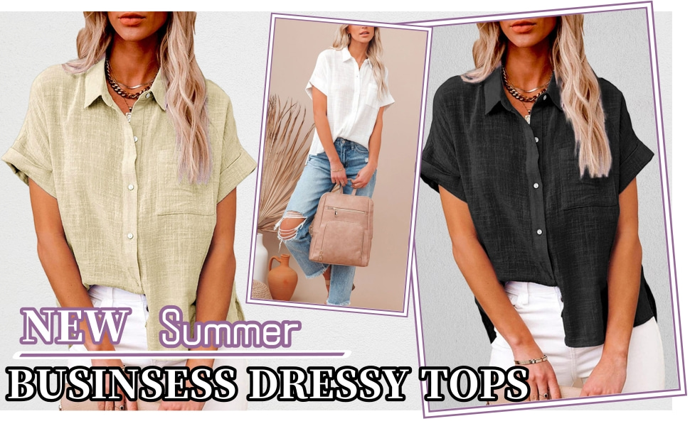 Women White Button Down Shirt Dressy Casual Work Tops Chiffon Blouse Summer Short Sleeve Shirts