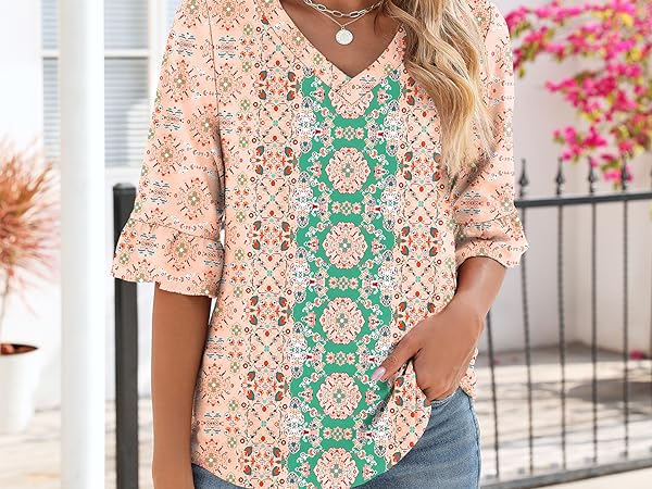 boho 3/4 sleeve tops for women